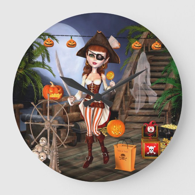 Halloween Cute Pirate Girl Wall Clock (Front)