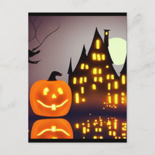 Halloween cute pumpkin and house A.I. fun  Postcard