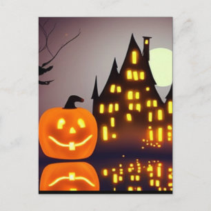 Halloween cute pumpkin and house spooky fun postcard