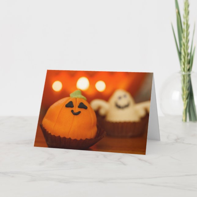 Halloween Cute Pumpkin Ghost Cupcake Card (Front)