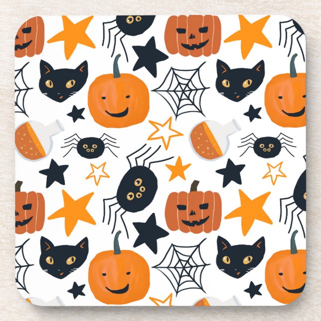 Halloween Cute Pumpkin, Spider, Black Cat Coaster (Front)