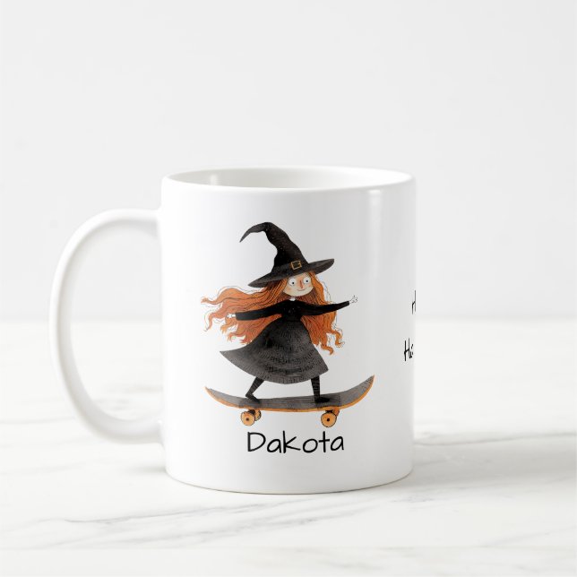 Halloween Cute Skateboarding Witch Personalise Coffee Mug (Left)
