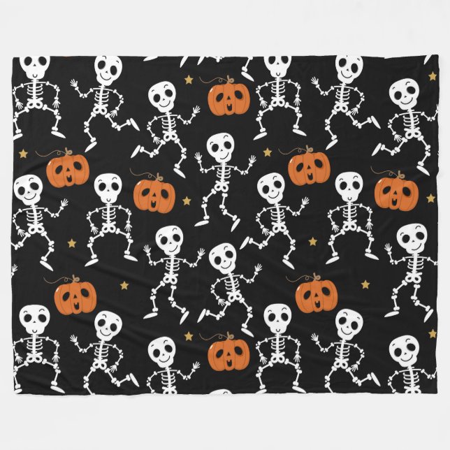 Halloween Cute Skeletons and Pumpkins Fleece Blanket (Front (Horizontal))