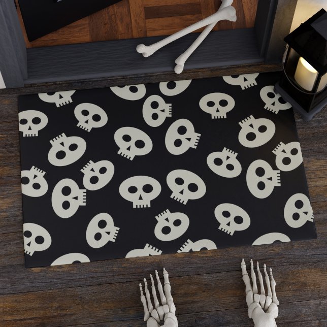 Halloween Cute Skull Pattern Black and White Doormat (Cute skulls welcome your visitors on this Halloween doormat)