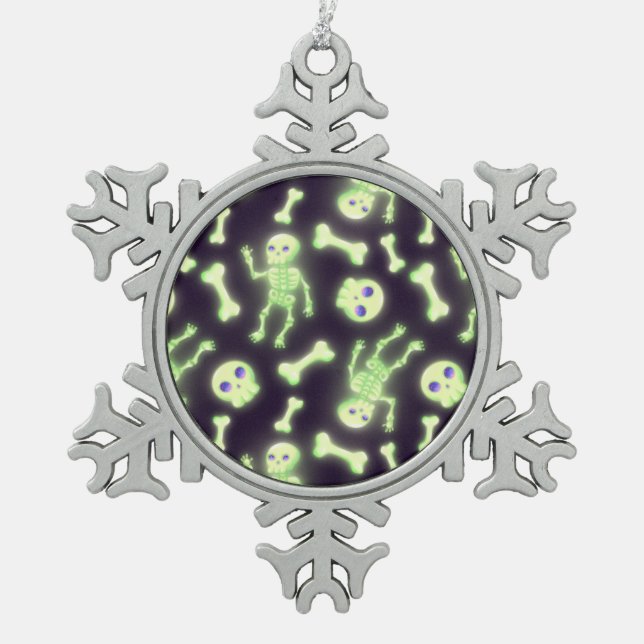 Halloween Cute Spooky Glowing Skeleton Bones Skull Snowflake Pewter Christmas Ornament (Front)