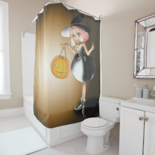 Halloween Cute Spooky Whimsical Black Witch Shower Curtain