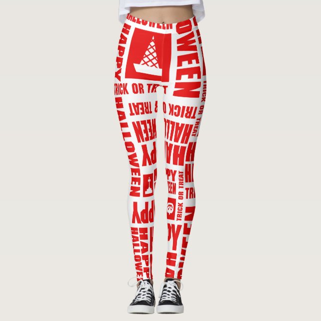 Halloween Cute Spooky Whimsical Red Pattern Leggings (Front)