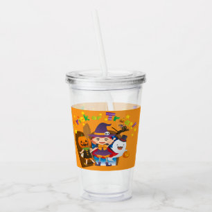 Halloween Cute Spooky Whimsical Witch Girl Orange Acrylic Tumbler