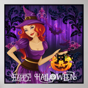 Halloween Cute Spooky Whimsical Witch Purple Poster