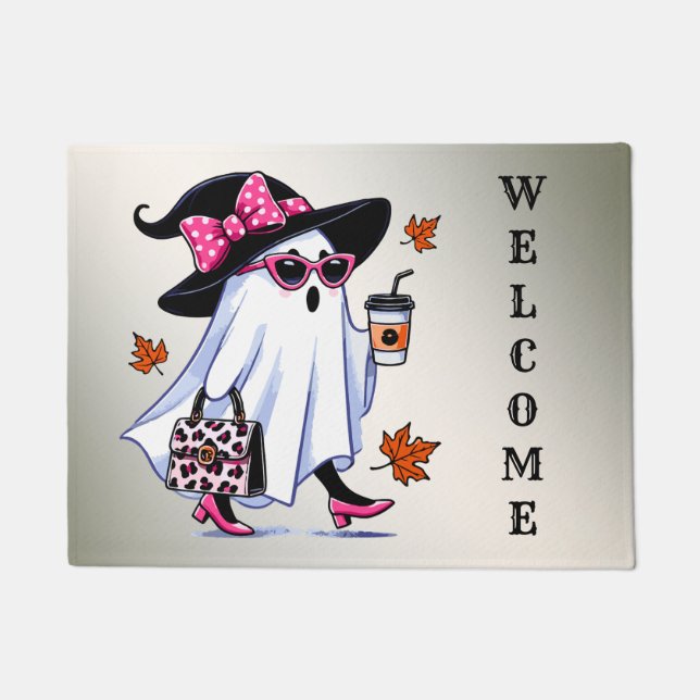 Halloween Cute Stylish Witch Ghost Coffee Cup Doormat (Front)
