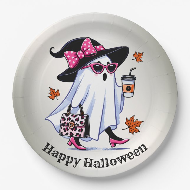 Halloween Cute Stylish Witch Ghost Coffee Cup Paper Plate (Front)