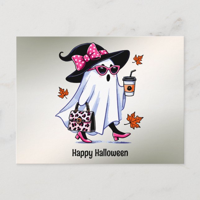 Halloween Cute Stylish Witch Ghost Coffee Cup Postcard (Front)