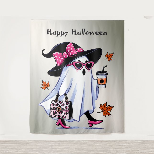 Halloween Cute Stylish Witch Ghost Coffee Cup Tapestry (Front)
