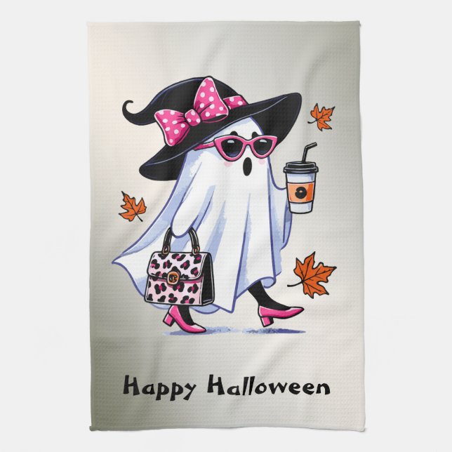 Halloween Cute Stylish Witch Ghost Coffee Cup Tea Towel (Vertical)
