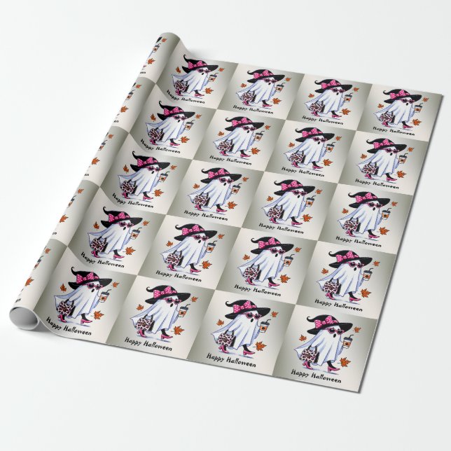 Halloween Cute Stylish Witch Ghost Coffee Cup Wrapping Paper (Unrolled)