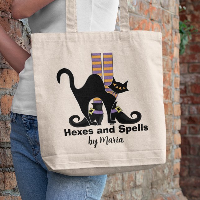 Halloween Cute Trick Or Treat Whimsical Black Cat Tote Bag (Cute whimsical black cat Halloween tote bag featuring a playful trick or treat design perfect for fa)