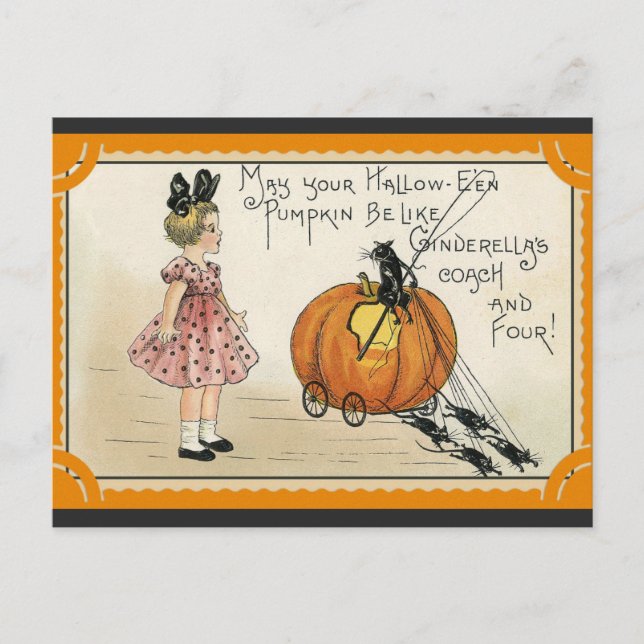 Halloween Cute Vintage Pumpkin Black Cat Girl Postcard (Front)