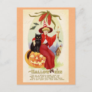 Halloween Cute Vintage Witch Black Cat Love Poem  Postcard