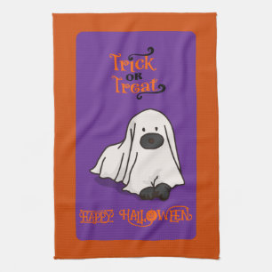 Halloween Cute Whimsical Ghost Dog Tea Towel