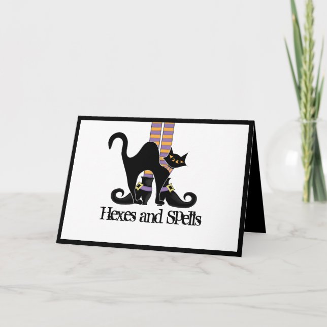 Halloween Cute Whimsical Witch Shoes Black Cat Card (Front)