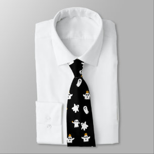 Halloween Cute White Ghosts on Black with Pumpkins Tie