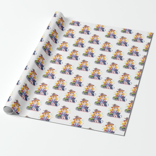 Halloween cute witch and cat wrapping paper (Unrolled)
