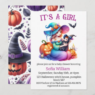 Halloween cute witch baby girl shower invitation