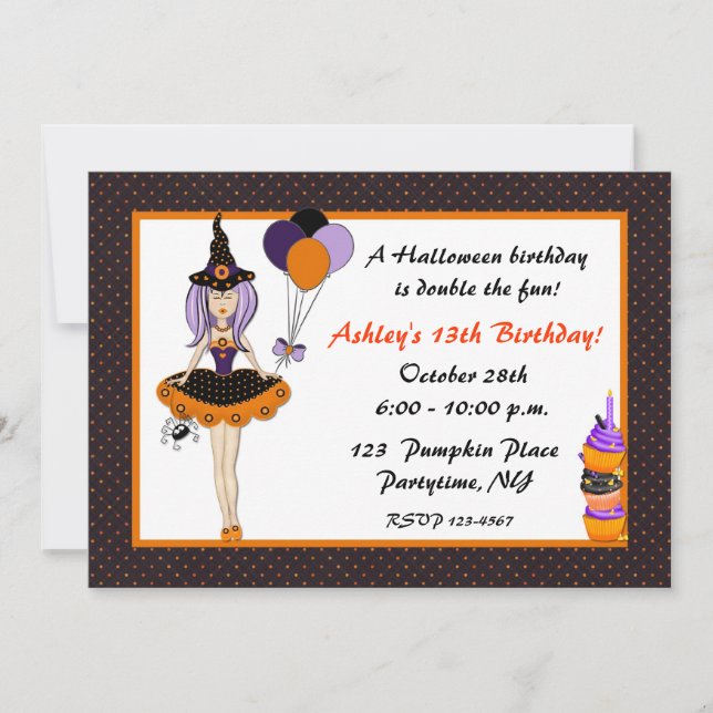 Halloween Cute Witch Birthday Invitation (Front)