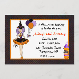 Halloween Cute Witch Birthday Invitation
