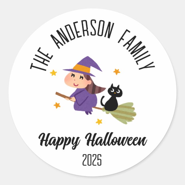 Halloween Cute Witch on a Broom Personalised Name Classic Round Sticker (Front)