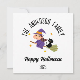 Halloween Cute Witch on a Broom Personalised Name Holiday Card