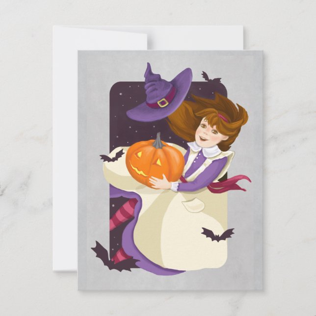 Halloween Cute Witch with Pumpkin Note Card (Front)