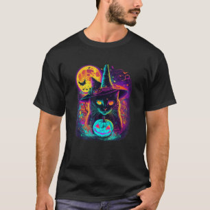 Halloween Cute Witch Wizard Cat Full Moon Pumpkin T-Shirt