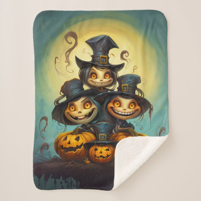 Halloween cute witches and pumpkins sherpa blanket (Front)