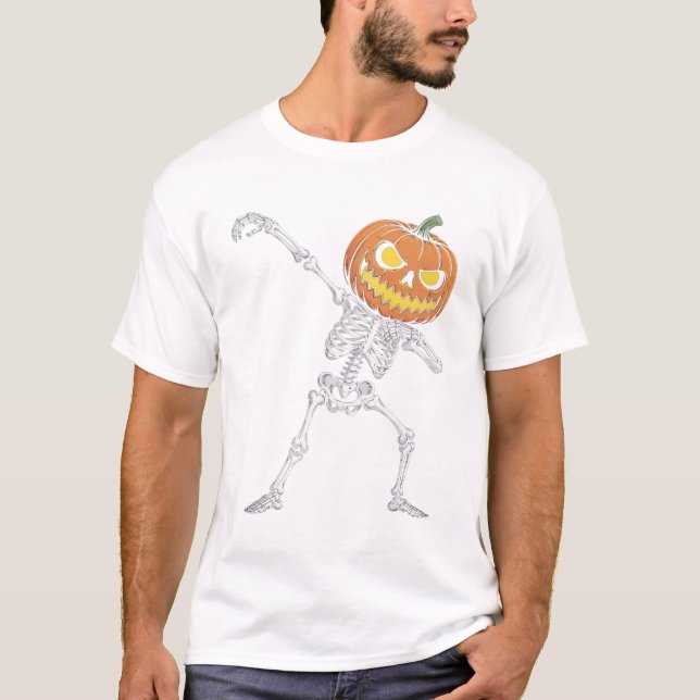 Halloween Dabbing Skeleton Pumpkin T-Shirt (Front)