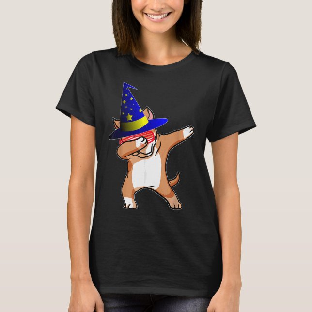 Halloween Dabbing Wizard Pitbull Puppy Dog Witch H T-Shirt (Front)