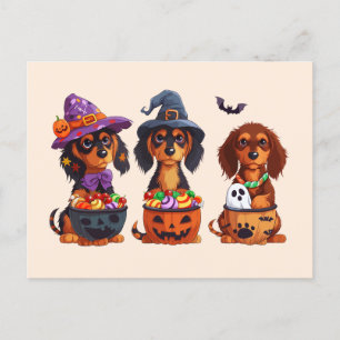 Halloween Dachshund Dogs Pumpkin Candy Bucket Postcard