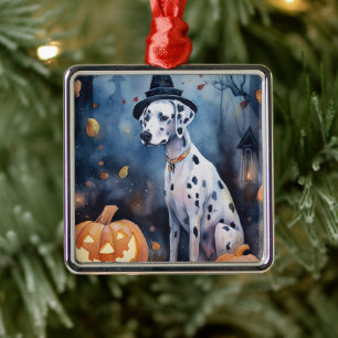 Halloween Dalmation With Pumpkins Scary Metal Tree Decoration