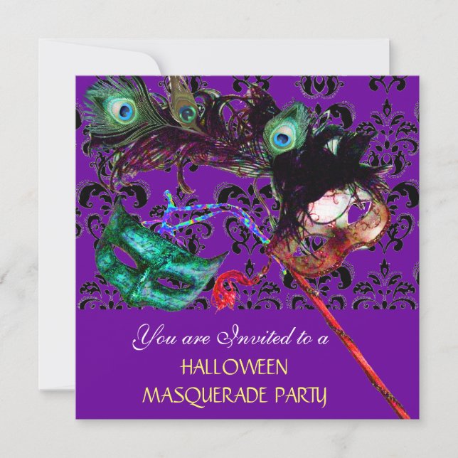 HALLOWEEN  DAMASK MASQUERADE PARTY purple blue Invitation (Front)