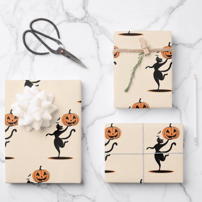 Halloween Dancing Black Cat with Pumpkin Wrapping Paper Sheet (Front)