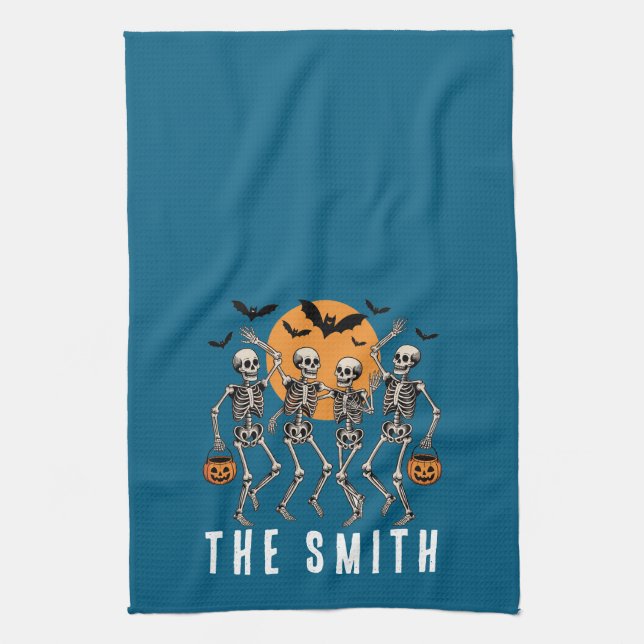 Halloween Dancing Skeleton Dance Pumpkin Tea Towel (Vertical)