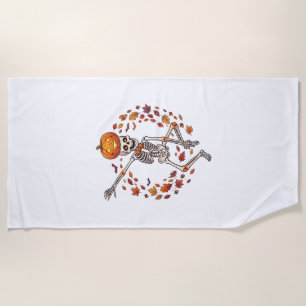 Halloween Dancing Skeleton Pumpkin Head Autumn Lea Beach Towel