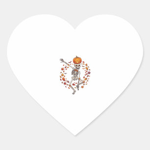 Halloween Dancing Skeleton Pumpkin Head Autumn Lea Heart Sticker