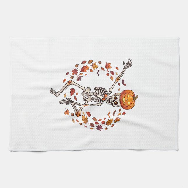 Halloween Dancing Skeleton Pumpkin Head Autumn Lea Tea Towel (Horizontal)
