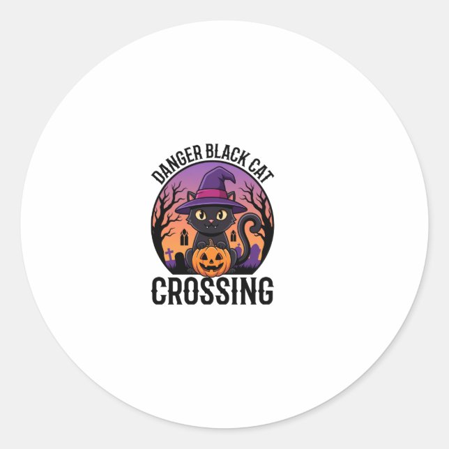 Halloween Danger Black Cat Crossing Classic Round Sticker (Front)
