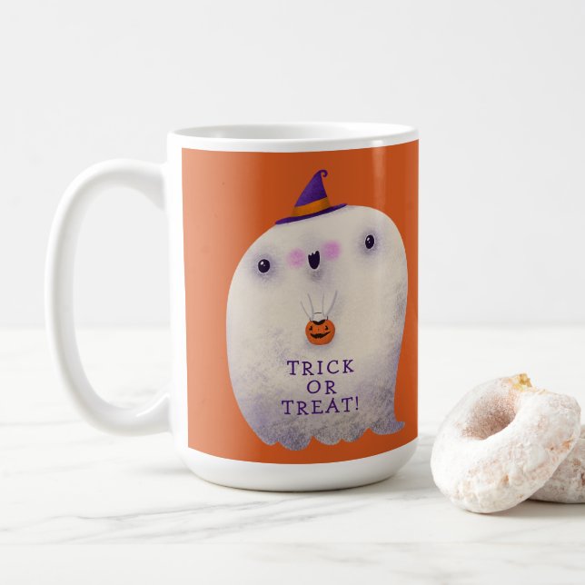 Halloween Decor Trick or Treat Cute Spooky Ghost Coffee Mug (With Donut)