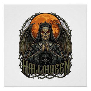Halloween Demon Nun Crown Wings Orange Moon_1 Poster