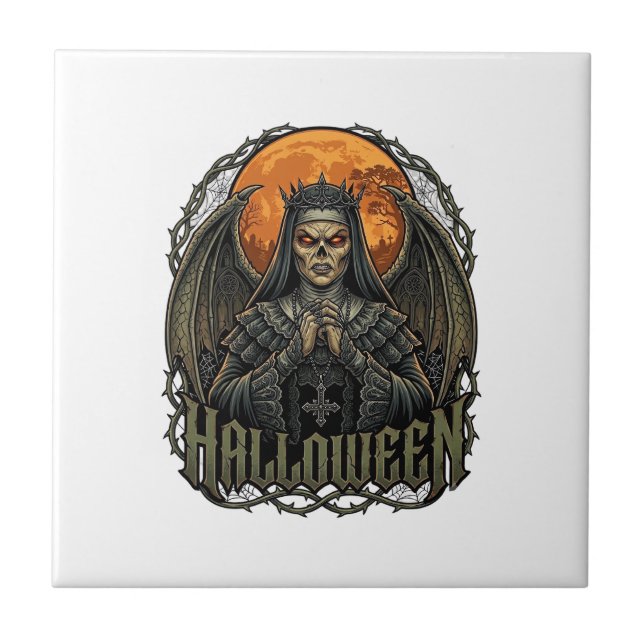 Halloween Demon Nun Crown Wings Orange Moon_1 Tile (Front)