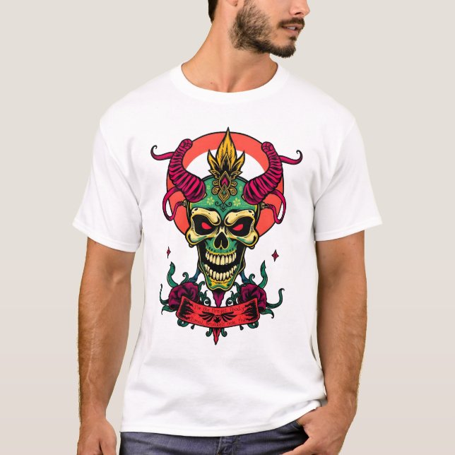 Halloween Demon Skull – Colourful Tattoo Art T-Shirt (Front)