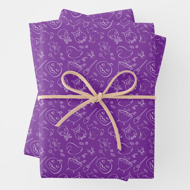 Halloween Design Elements Owls Pumpkins Cauldrons Wrapping Paper Sheet (In situ)
